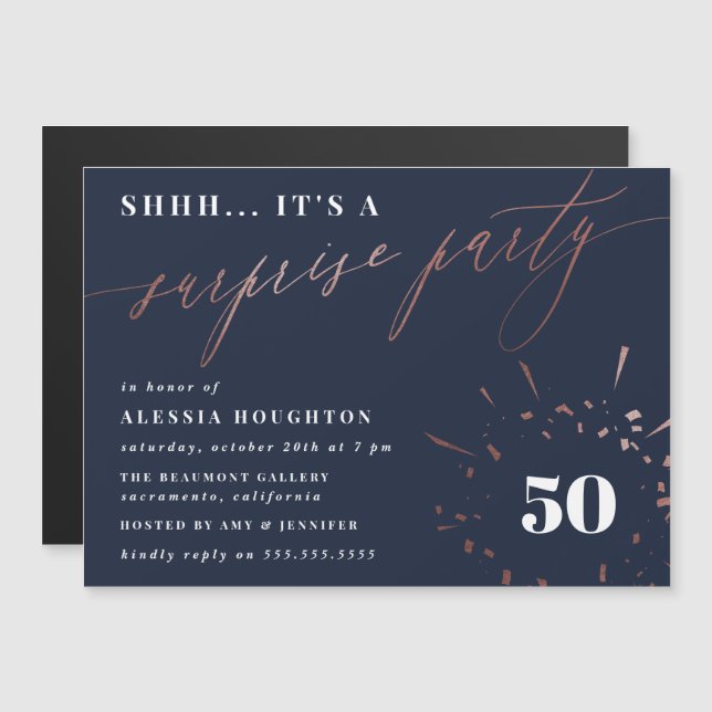 Navy & Rose Gold Script Surprise Party Magnetic Invitation (Front/Back)