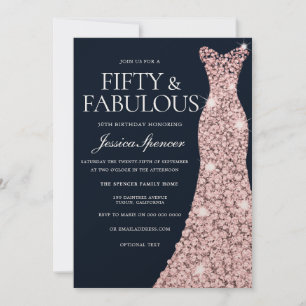Navy & Rose Gold Sparkle Dress 50th Birthday Invitation