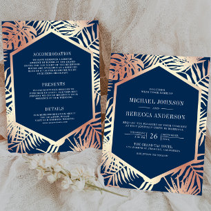 Navy Rose Gold Tropical Palm All in One Wedding Invitation