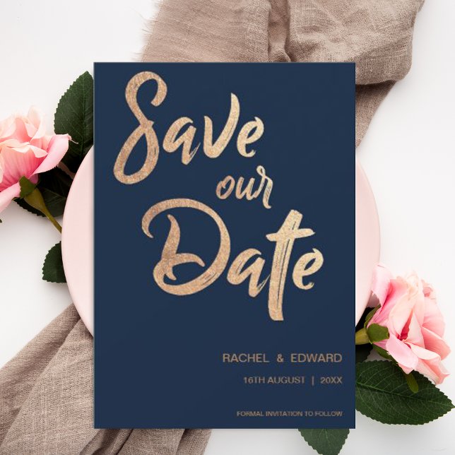 Navy Rose Gold Typography Save The Date Card (Creator Uploaded)
