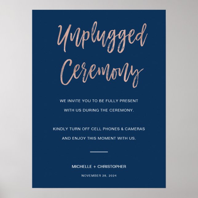 Navy & Rose Gold Unplugged Wedding Ceremony Sign (Front)