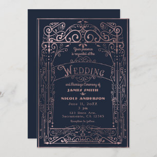 Navy & Rose Gold Vintage Victorian Deco Wedding Invitation