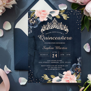 Navy Rose Gold Watercolor Quinceanera