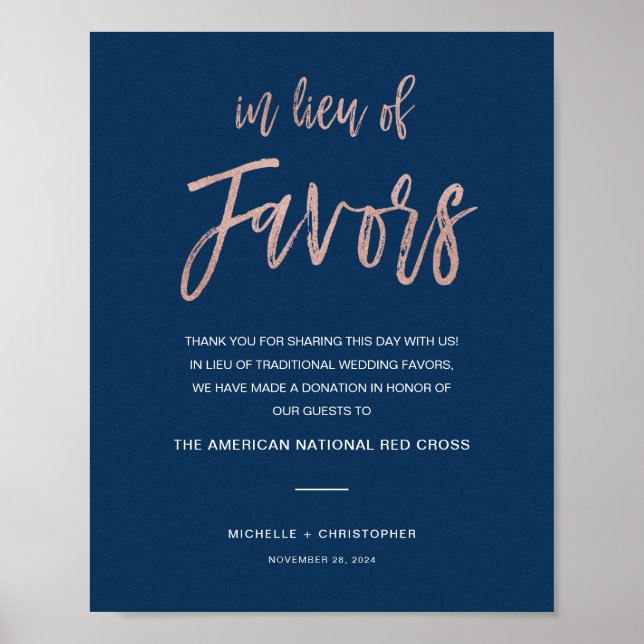 Navy & Rose Gold Wedding In Lieu Of Favours Sign (Front)