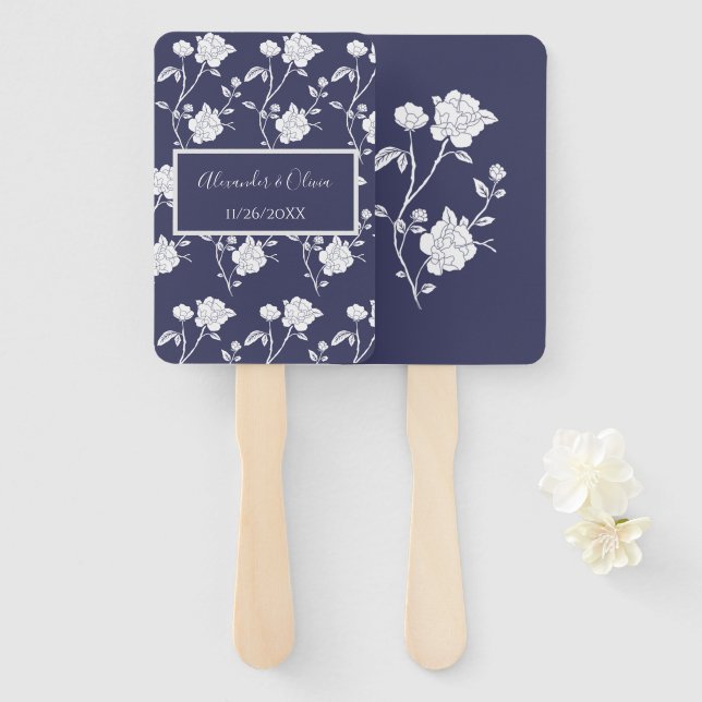 Navy Rose Wedding Favour Hand Fan (Front and Back)