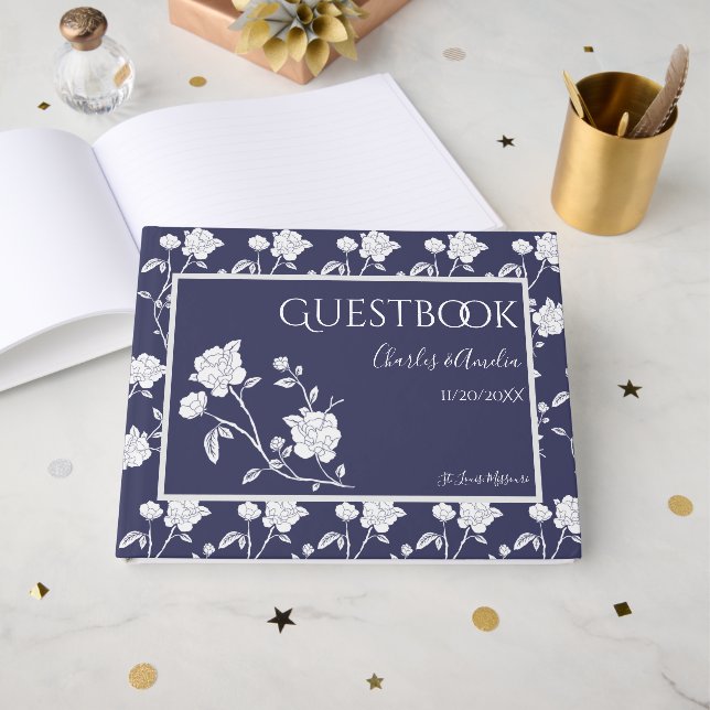 Navy Rose Wedding Guest Book (Front Open)