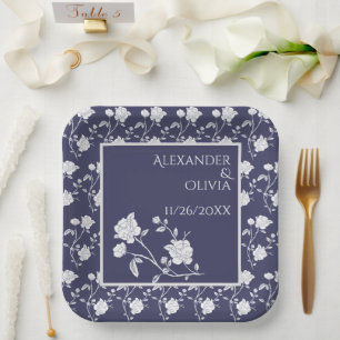 Navy Rose Wedding Shower Paper Plates