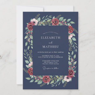 Navy Rose Winter Wedding Invitation