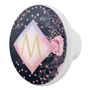 Navy Rosegold Monogram Gifts Girly Floral Pink Ceramic Knob
