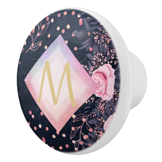Navy Rosegold Monogram Gifts Girly Floral Pink Ceramic Knob (Right)