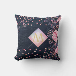 Navy Rosegold Monogram Gifts Girly Floral Pink Cushion