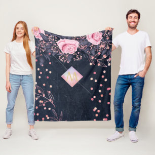 Navy Rosegold Monogram Gifts Girly Floral Pink Fleece Blanket