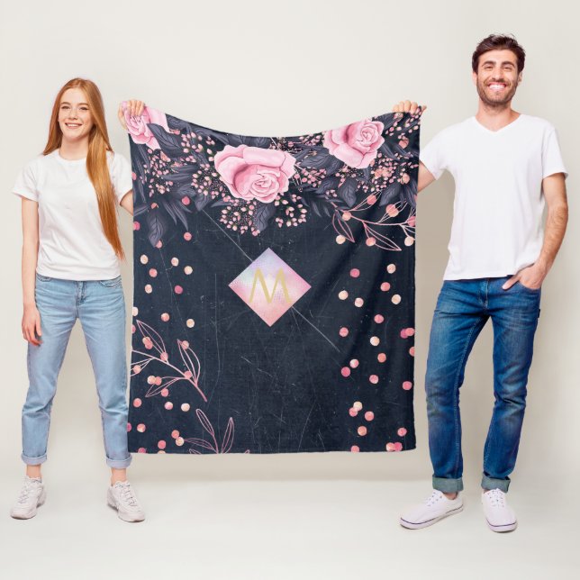 Navy Rosegold Monogram Gifts Girly Floral Pink Fleece Blanket (In Situ)