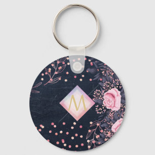 Navy Rosegold Monogram Gifts Girly Floral Pink Key Ring