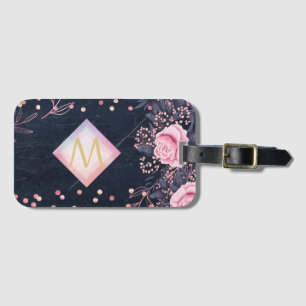 Navy Rosegold Monogram Gifts Girly Floral Pink Luggage Tag