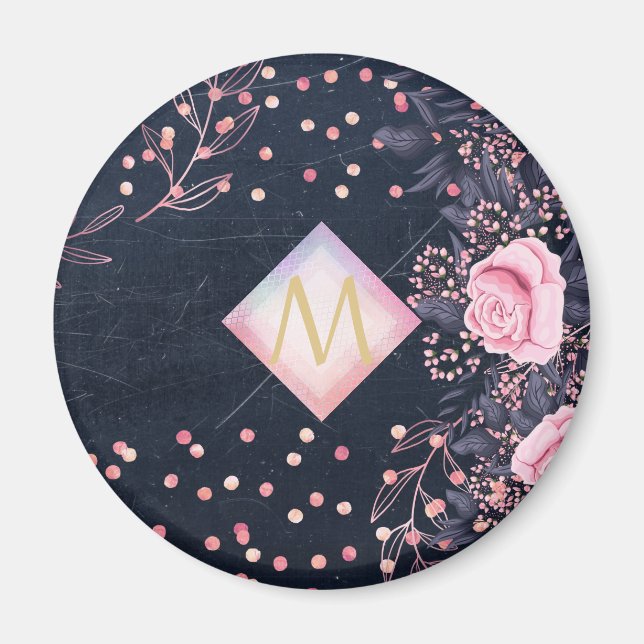 Navy Rosegold Monogram Gifts Girly Floral Pink Magnet (Front)