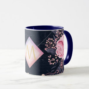 Navy Rosegold Monogram Gifts Girly Floral Pink Mug