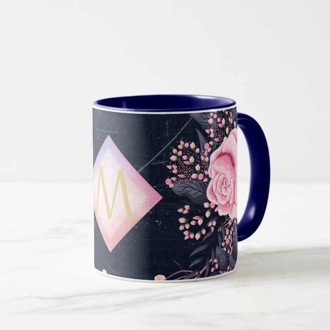 Navy Rosegold Monogram Gifts Girly Floral Pink Mug (Front Right)