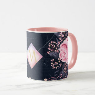 Navy Rosegold Monogram Gifts Girly Floral Pink Mug