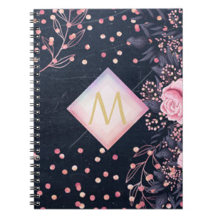 Navy Rosegold Monogram Gifts Girly Floral Pink Notebook