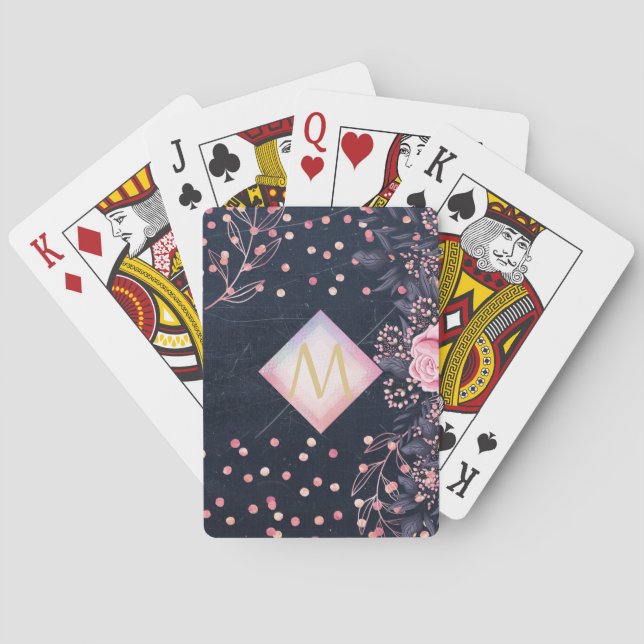 Navy Rosegold Monogram Gifts Girly Floral Pink Playing Cards (Back)