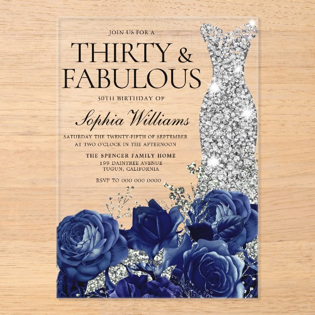 Navy Roses Diamond Gown 30th Birthday Party Acrylic Invitations (Front)