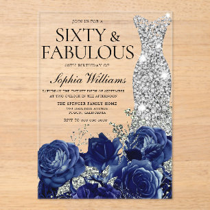 Navy Roses Diamond Gown 60th Birthday Party Acrylic Invitations