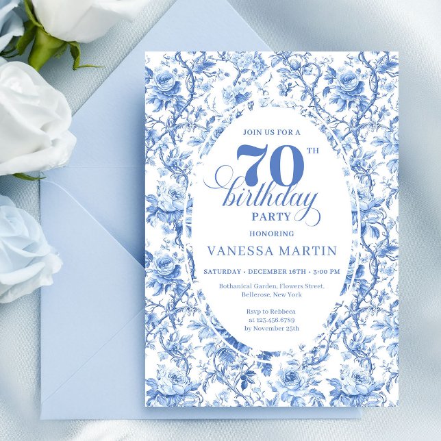 Navy Roses Floral Elegant 70th Birthday Invitation (Navy Roses Floral Elegant 70th Birthday Invitation)