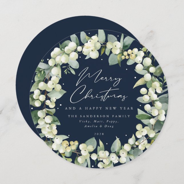 Navy Round Snowberry+Eucalyptus Christmas Wreath Holiday Card (Front/Back)