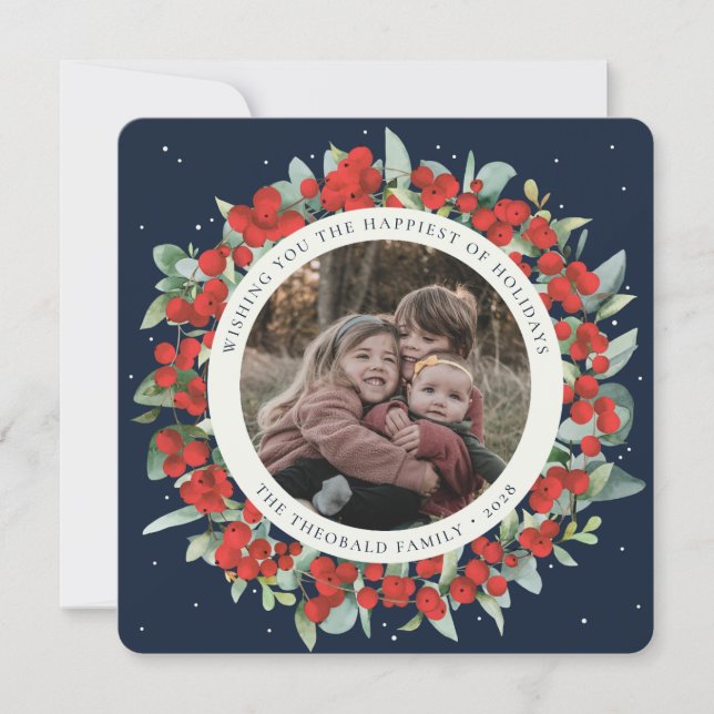 Navy Round/Square Red Berries+Eucalyptus Photo Holiday Card (Front)