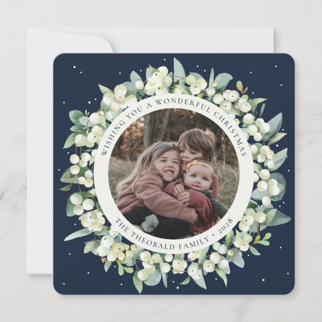 Navy Round/Square Snowberry+Eucalyptus Photo Holiday Card (Front)