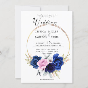 Navy   Royal Blue Blush Pink Floral Wedding  Invitation