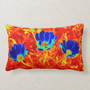Navy Royal Blue Daisies on Orange - Lumbar Pillow
