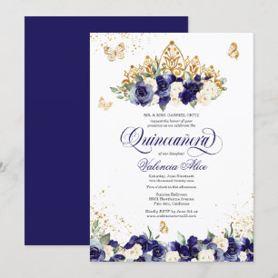 Navy Royal Blue Floral Tiara Butterfly Quinceanera Invitation