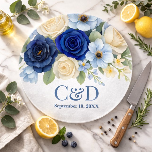 Navy Royal Bue Wedding Keepsake Ivory Flowers Cutting Board (Creator Uploaded)
