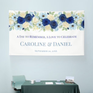 Navy Royal Bue Wedding Watercolor Ivory Flowers Banner