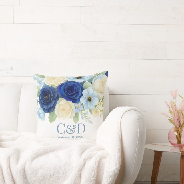 Navy Royal Bue Wedding Watercolor Ivory Flowers Cushion (Couch)