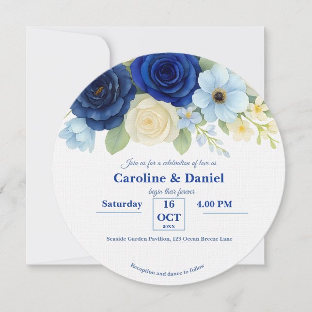 Navy Royal Bue Wedding Watercolor Ivory Flowers Invitation (Front)