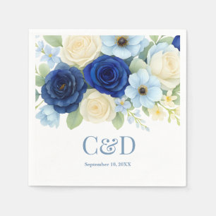 Navy Royal Bue Wedding Watercolor Ivory Flowers Napkin
