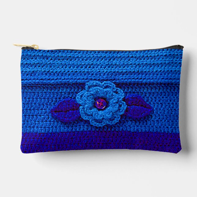 Navy Royal Deep Blue Flower Artisan Crochet Print  Accessory Pouch (Front)