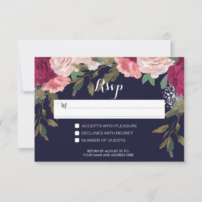 navy rsvp card wedding burgundy floral (Front)