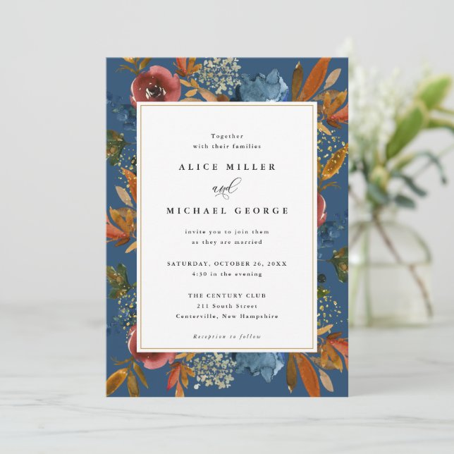 Navy & Rust Boho Floral, Blue Wedding Invitation (Standing Front)