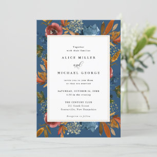 Navy & Rust Boho Floral, Blue Wedding Invitation