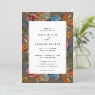 Navy & Rust Boho Floral, Brown Wedding Invitation