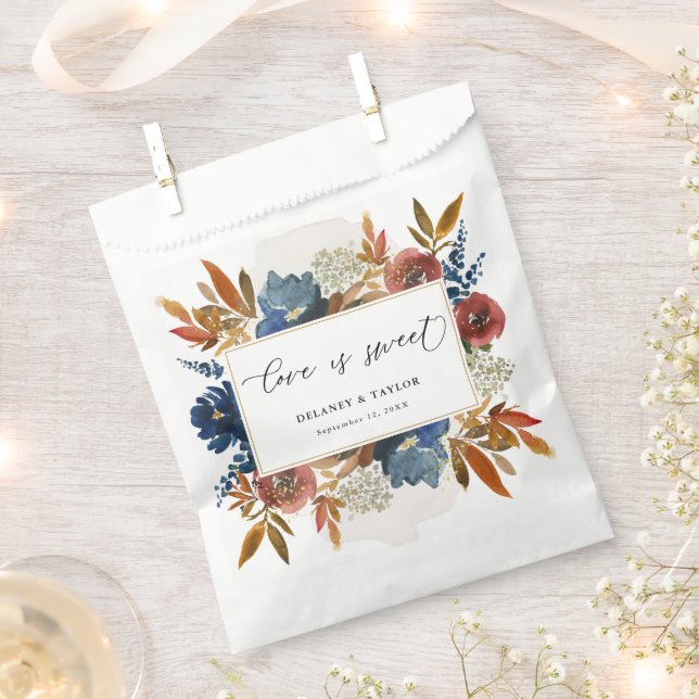 Navy & Rust Boho Floral Gold Frame, Wedding Treat Favour Bag (Clipped)