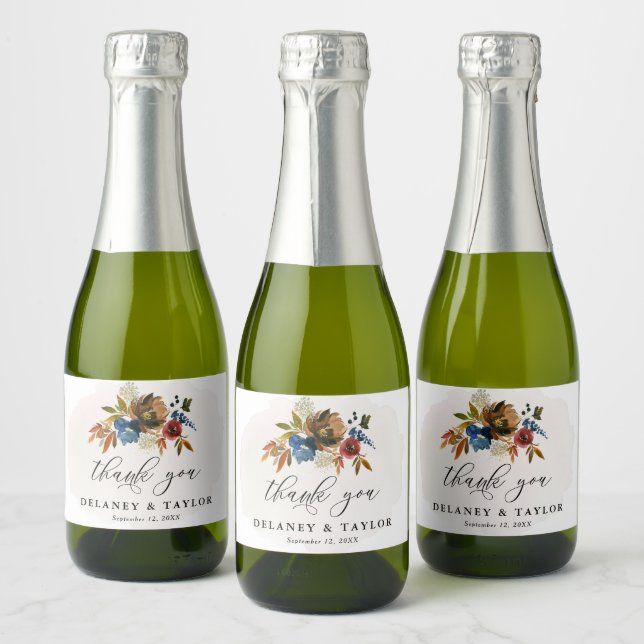 Navy Rust Boho Floral Thank You Customised Mini Sparkling Wine Label (Bottles)