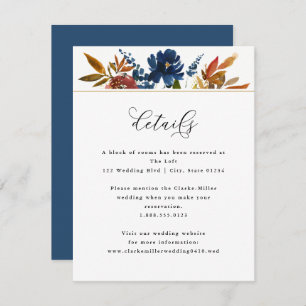 Navy & Rust Boho Floral, White Wedding Details Enclosure Card