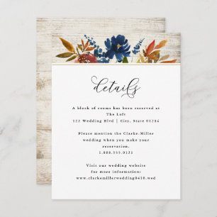 Navy & Rust Boho Flowers Light Wood Wedding Detail Enclosure Card