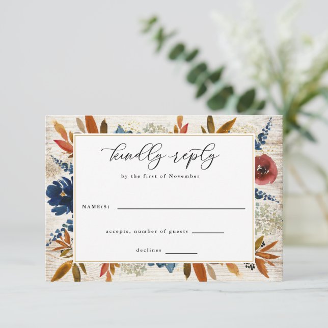 Navy & Rust Boho Flowers Light Wood Wedding RSVP Card (Standing Front)