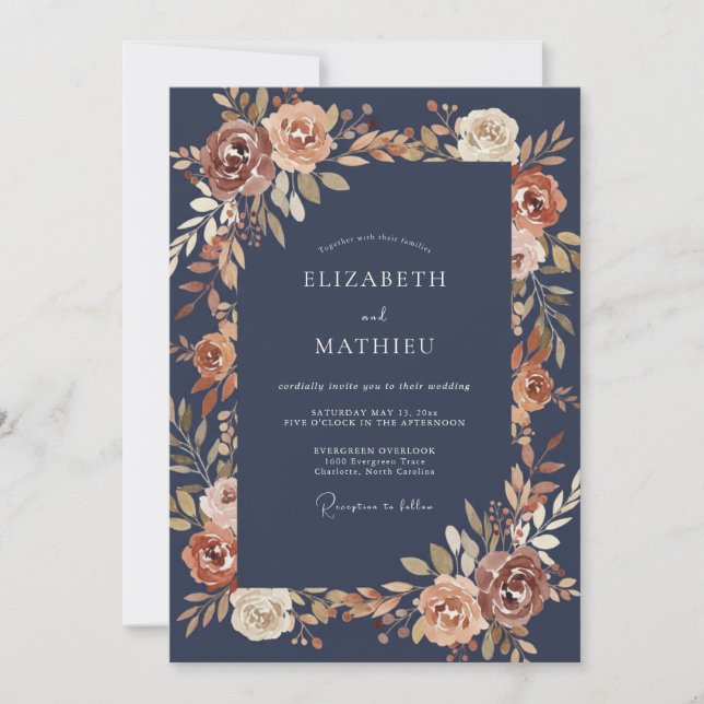 Navy Rust Floral Autumn Wedding Invitation (Front)
